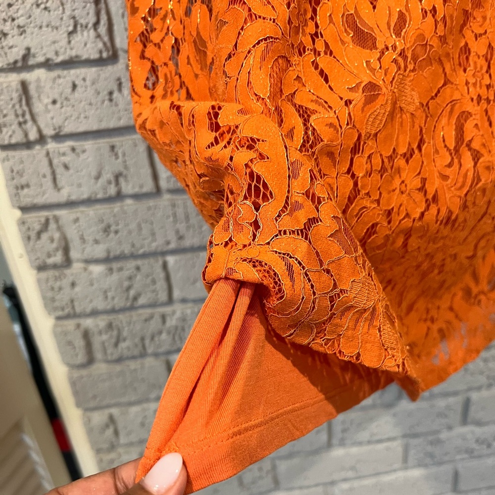 NWT  Chico’s Bright Orange Marmalade Floral Foiled Lace Short Sleeve Blouse XL - Picture 11 of 15
